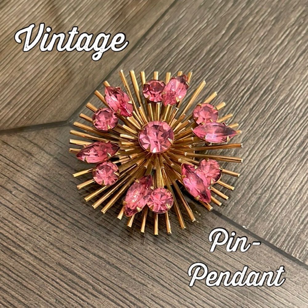Mid Century Sputnik Starburst Pink Rhinestone Pin